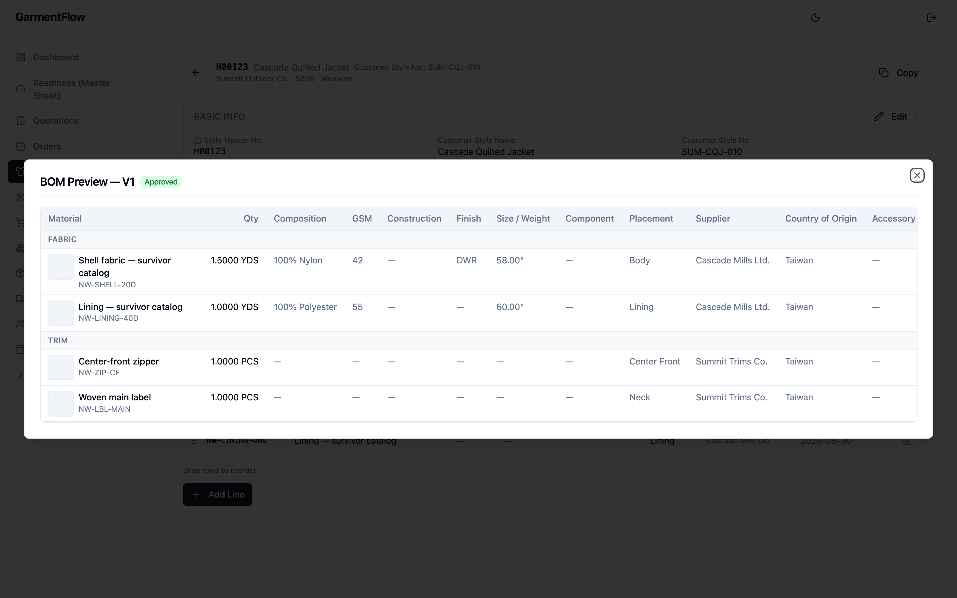 Full-BOM preview — every material checked against every colorway
