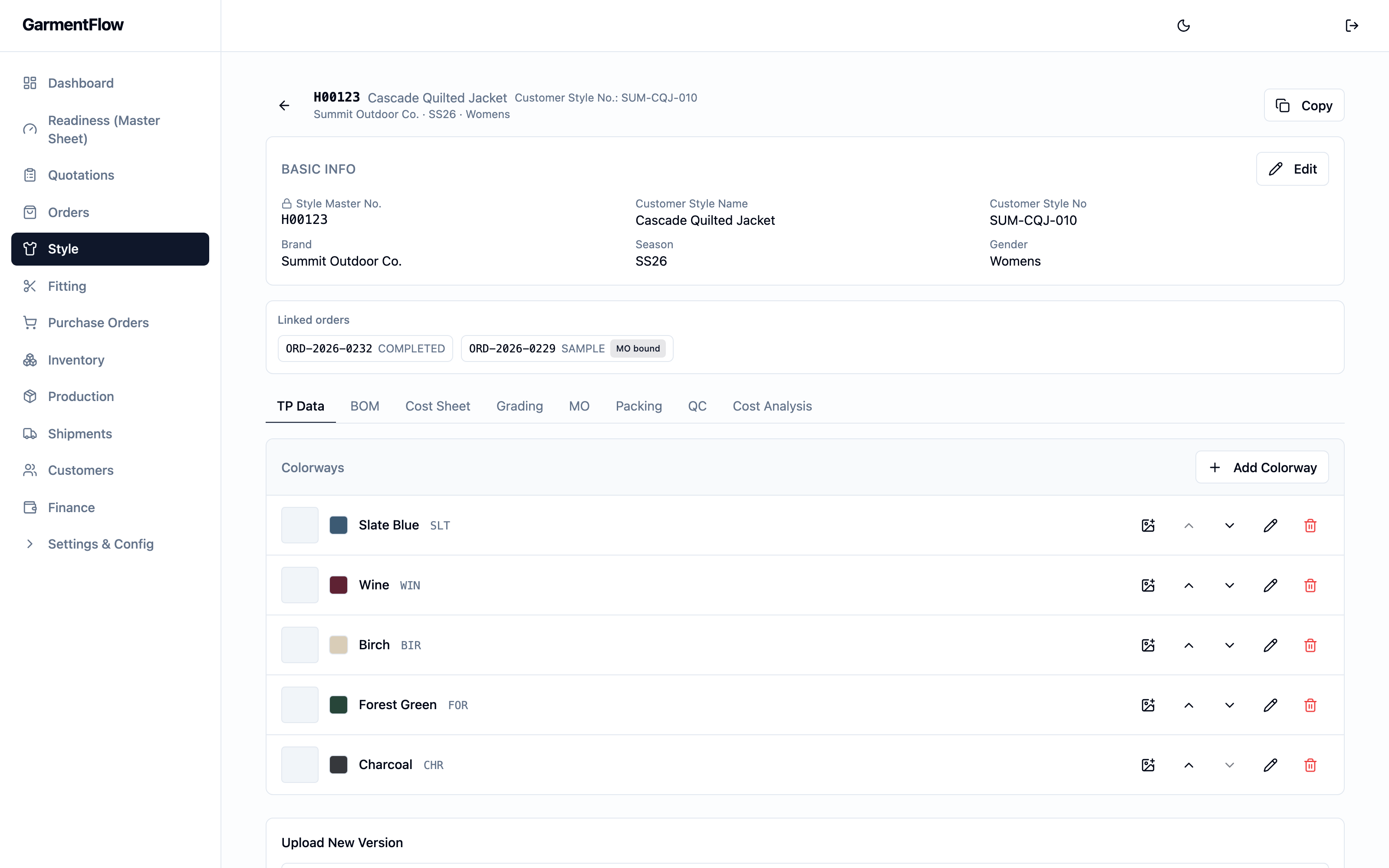 GarmentFlow style master — versioned tabs for tech pack, BOM, cost, MO, packing, QC